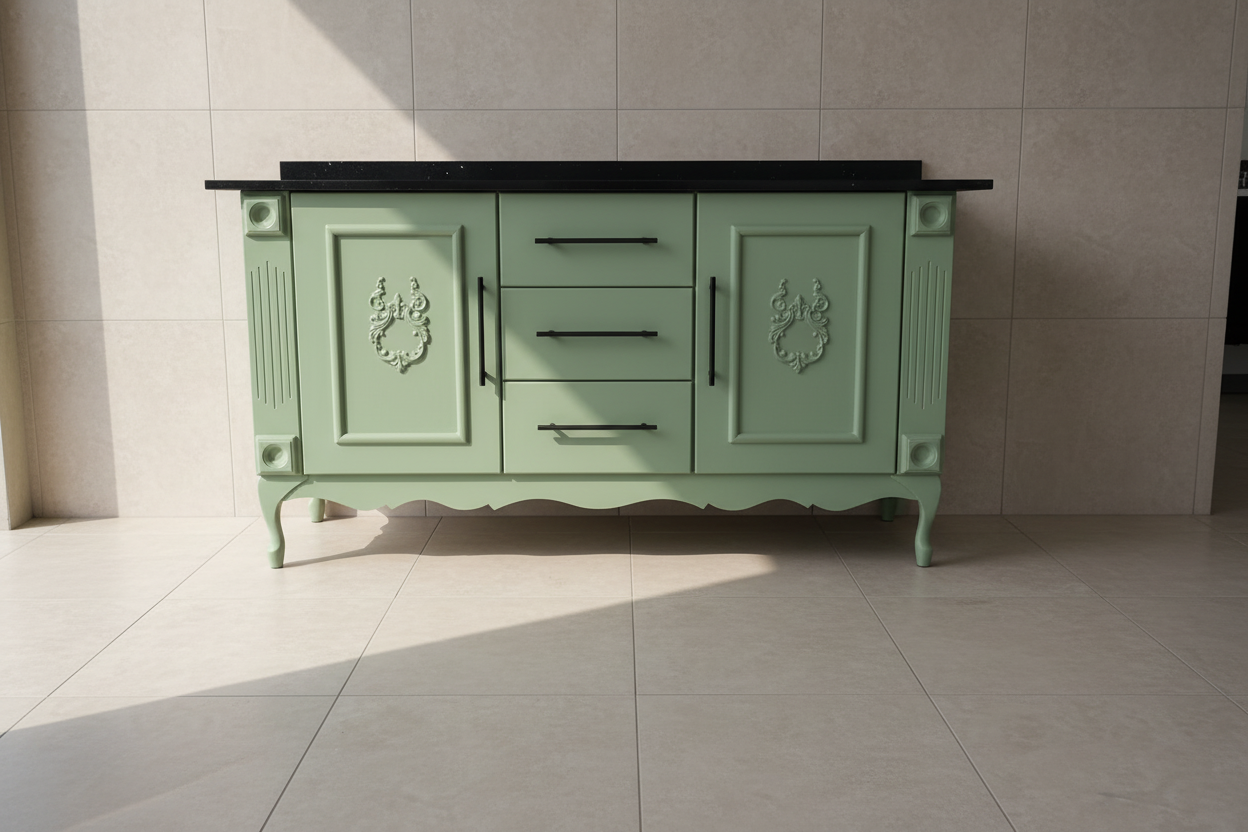 Double Vanity , sage green w/ Black Quartz Top.