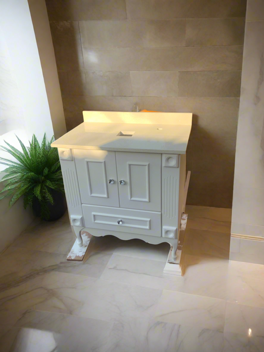 800mm White Vanity with White Sparkle Stone Top – Elegant Bathroom Unit with Crystal Knob Handles