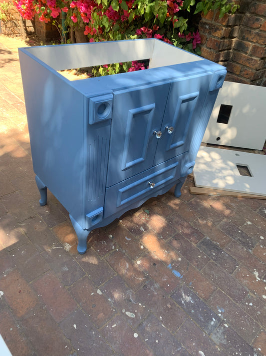 Single Vanity , Battleship blue , with crystal knob handles and choice of Quartz top.