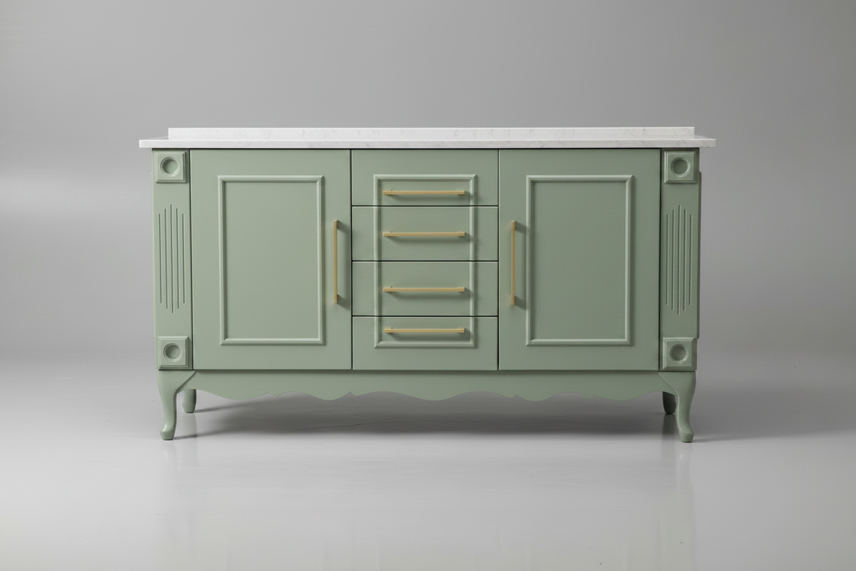 Double vanity , sage green w/ quartz top