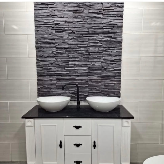 Double vanity white, 2 door with 3 draw, queen anne feet and black quartz top, 1200 x 500