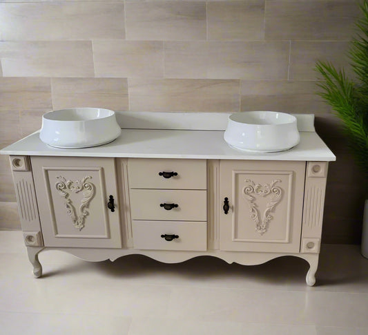 Double vanity, Beige with white quartz top.