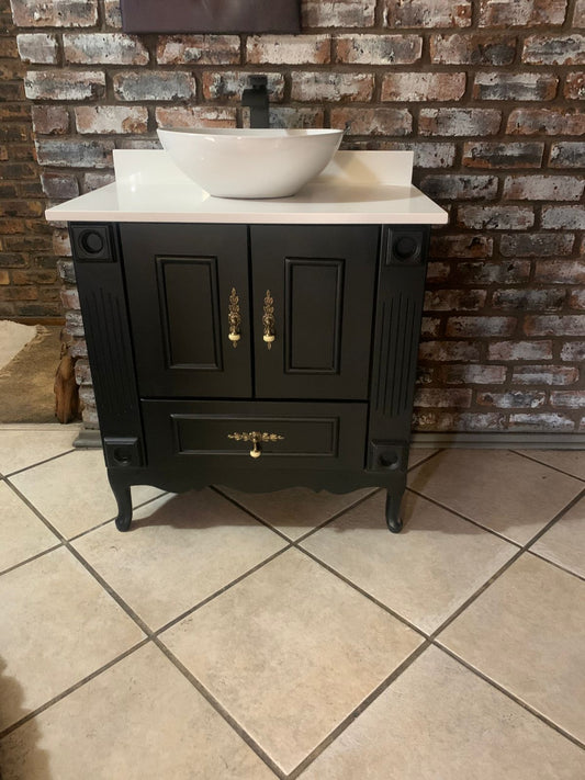 Black Vanity with Quartz Top, Basin & Tap