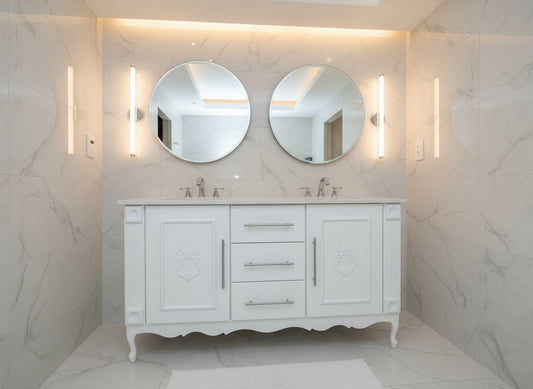 White Double Vanity, 1500 x 500, three drawer and choice of embellishments and colour.