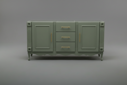 Double vanity , sage green w/ white quartz top.