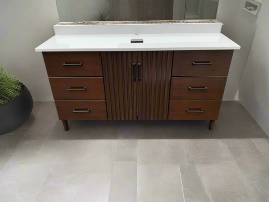 1.5m ; Pine/Rubberwood stained bathroom vanity with white quartz top.