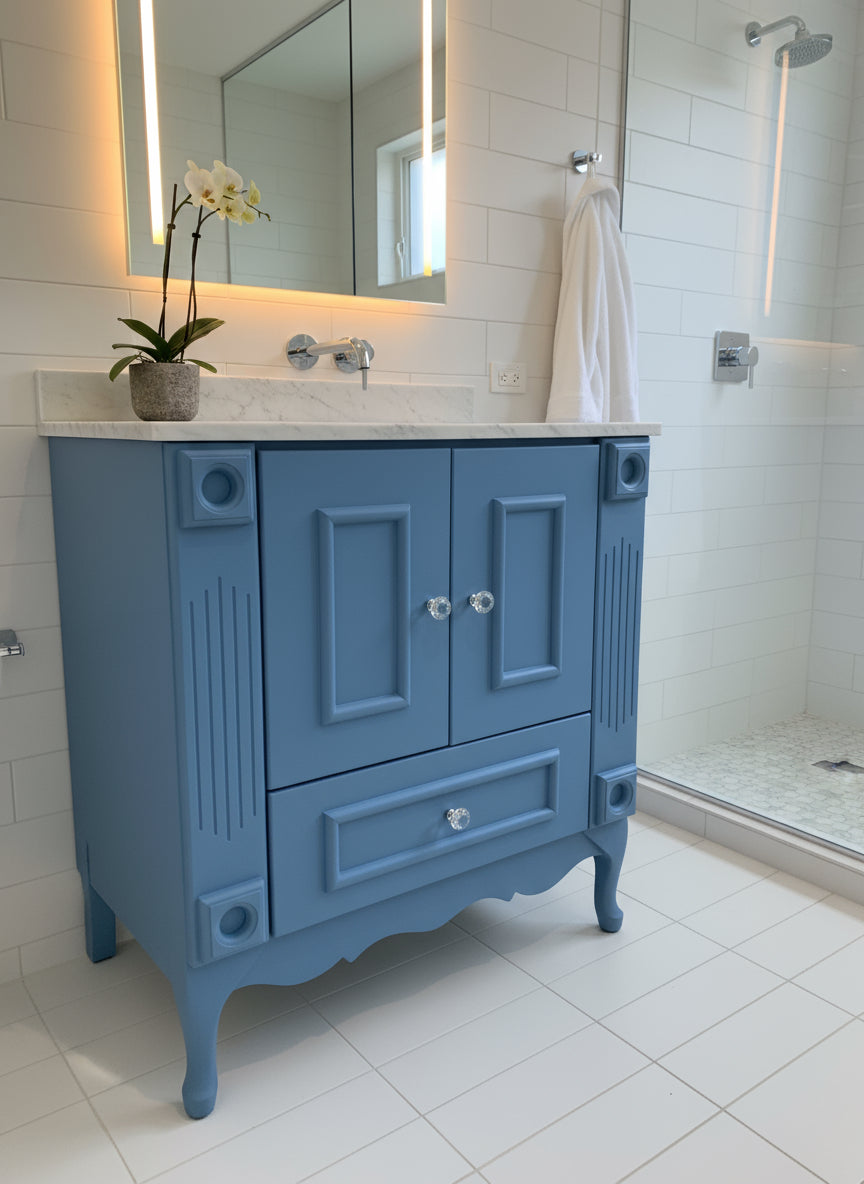 Single Vanity , Battleship blue , with crystal knob handles and choice of Quartz top.