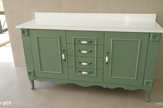 Double Vanity , Sage Green w/ White Magnolia quartz Top.