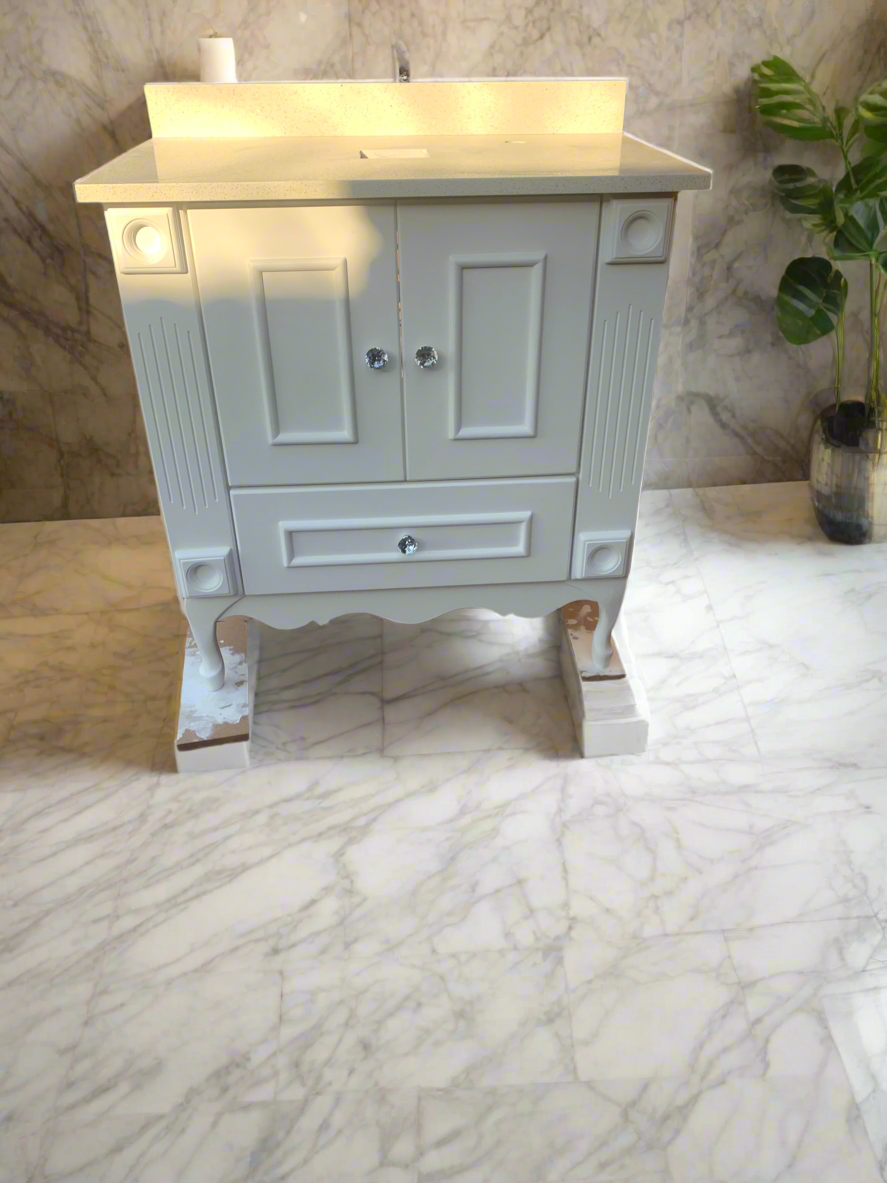 800mm White Vanity with White Sparkle Stone Top – Elegant Bathroom Unit with Crystal Knob Handles
