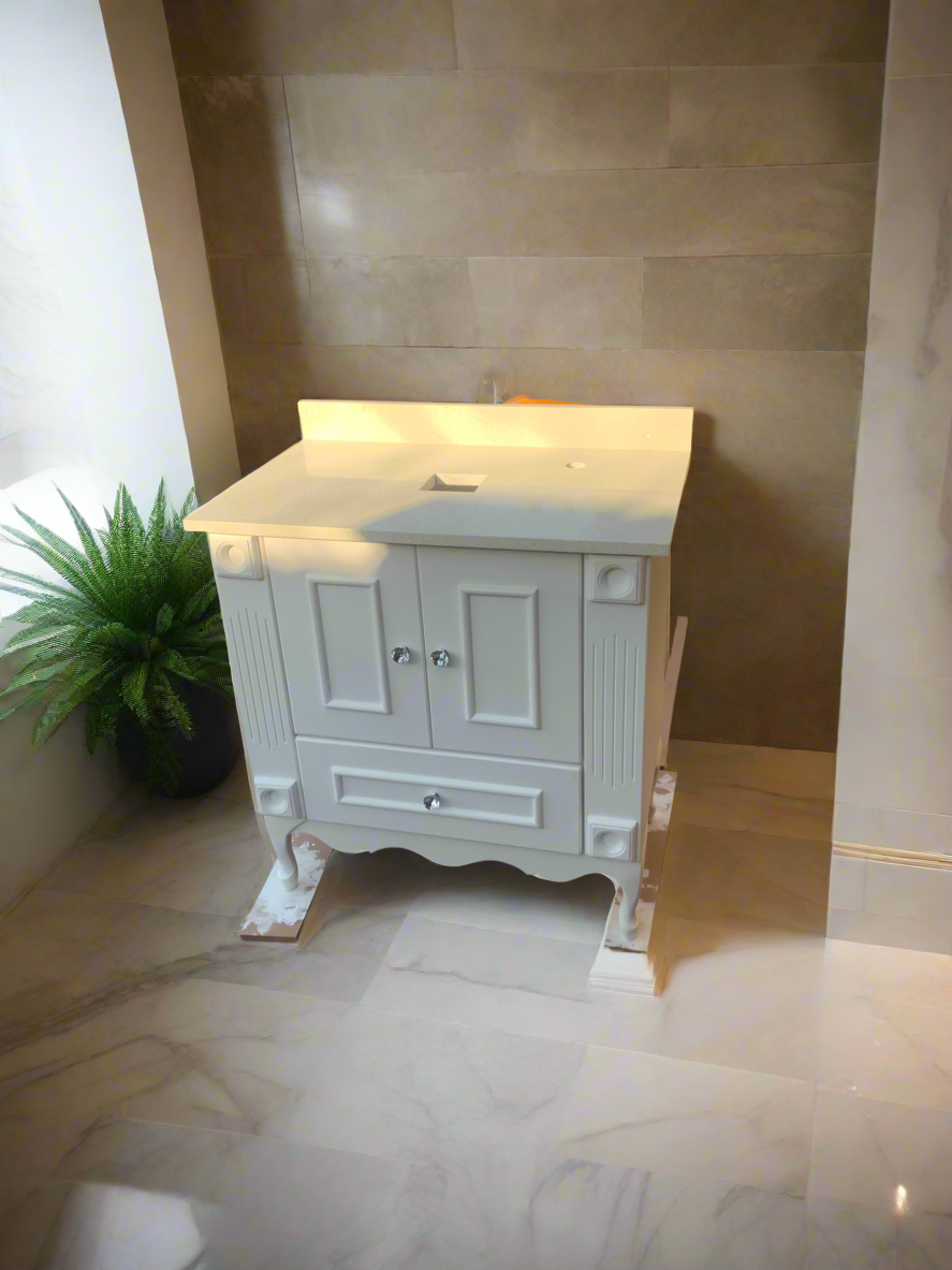 800mm White Vanity with White Sparkle Stone Top – Elegant Bathroom Unit with Crystal Knob Handles