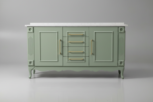 Double vanity , sage green w/ quartz top