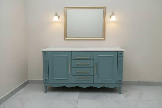 Double vanity , duck egg blue w/ white quartz top