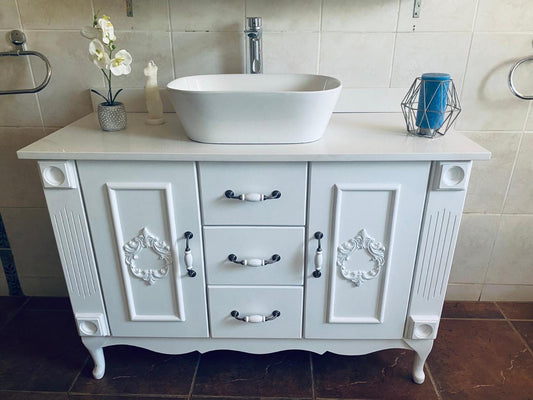 White vanity with quartz top, 1200 x 500