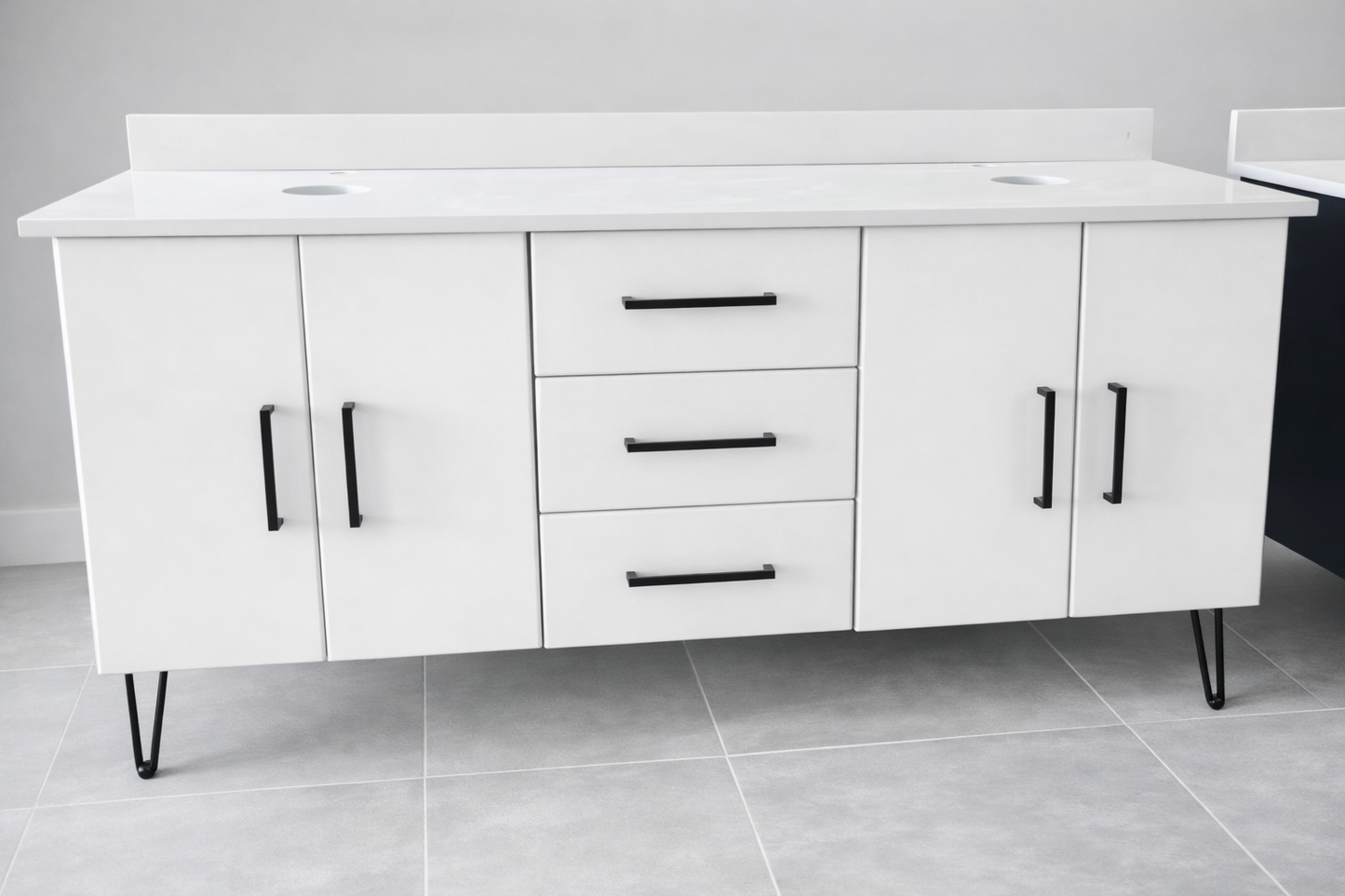 Modern Double Vanity , wrap style , white , w/ magnolia white quartz top.