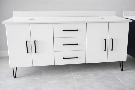 Modern Double Vanity , wrap style , white , w/ magnolia white quartz top.