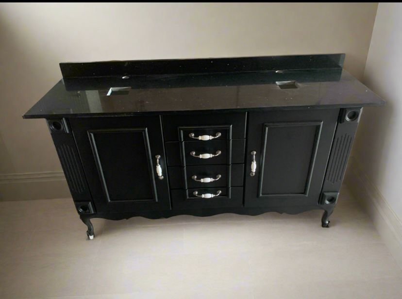 Black double vanity , 4 drawer with black galaxy quartz top & luxurious antique pewter handles.