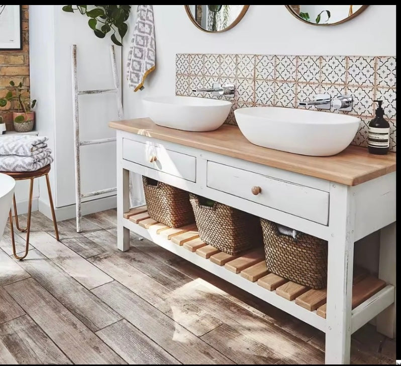 White Farmhouse Bathroom Vanity – 1500mm with Stained Pine Top & Slatted Shelves