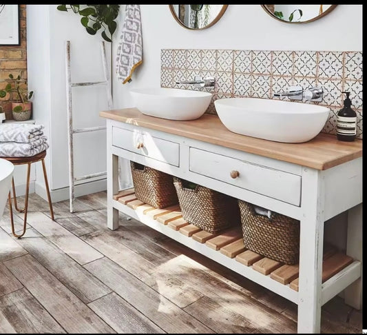 White Farmhouse Bathroom Vanity – 1500mm with Stained Pine Top & Slatted Shelves