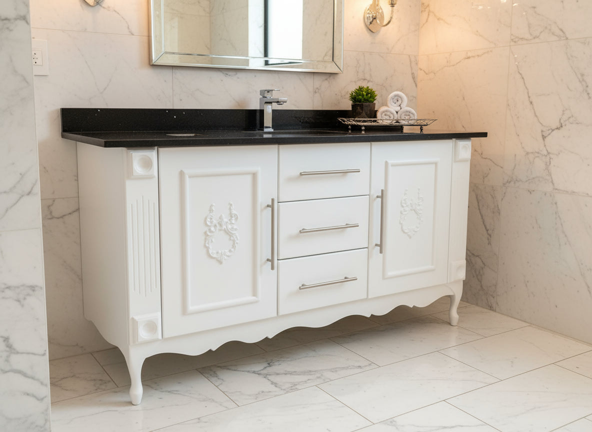 White double vanity, black galaxy top, embellished doors and silver/black bar handles.
