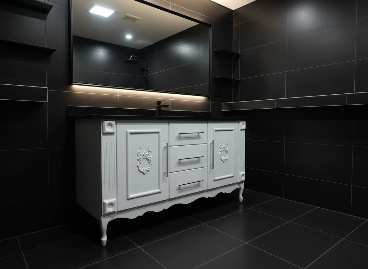 White double vanity, black galaxy top, embellished doors and silver/black bar handles.